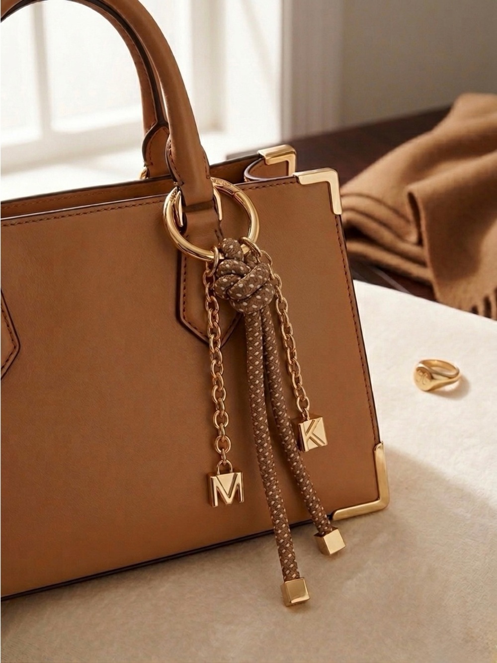 Michael Kors Gold-Tone and Beige Braided Tassel Keyring